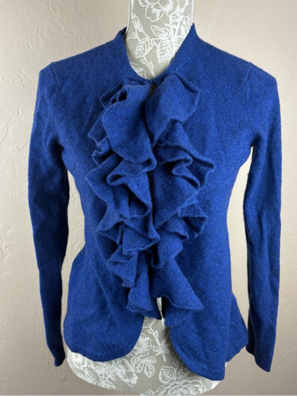 Magaschoni Blue 100% Cashmere Sweater Ruffles Hook Closure Cardigan Medium